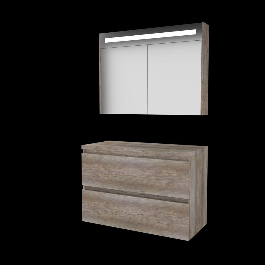 Set PREMIUM-46 onderkast scotch oak 100cm greeploos 2x la tbv opbouwkom spiegelkast geïn. LED-verl. excl. afdekplaat (P46GL100TSO)