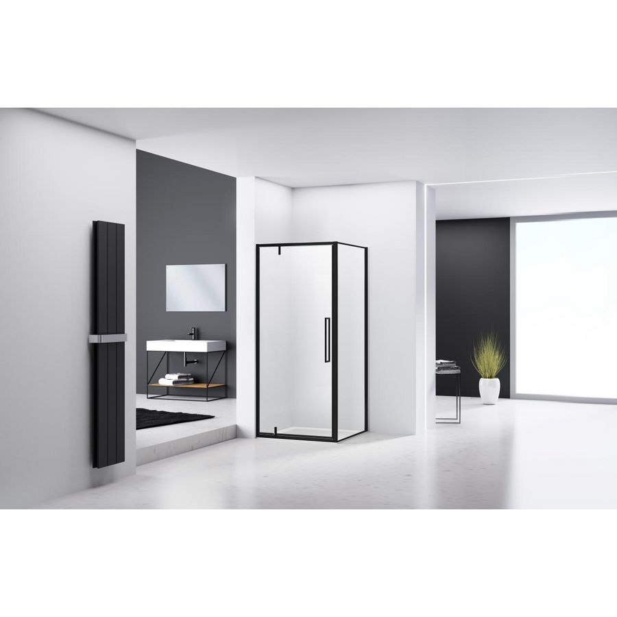 Hoekcabine douchecabine 880-890x2000mm 6mm helder glas zwart muurprofiel omkaderd