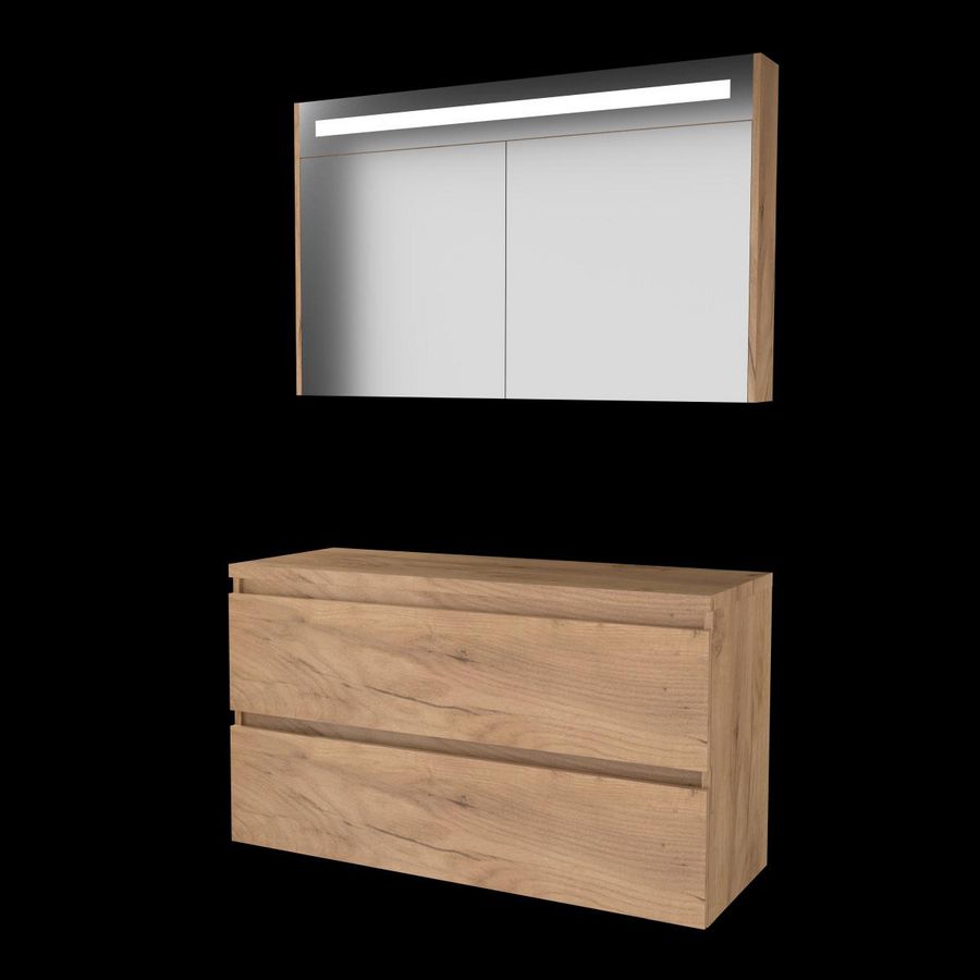 Set PREMIUM-46 onderkast whisky oak 120cm greeploos 2x la tbv opbouwkom spiegelkast geïn. LED-verl. excl. afdekplaat (P46GL1202TWO)