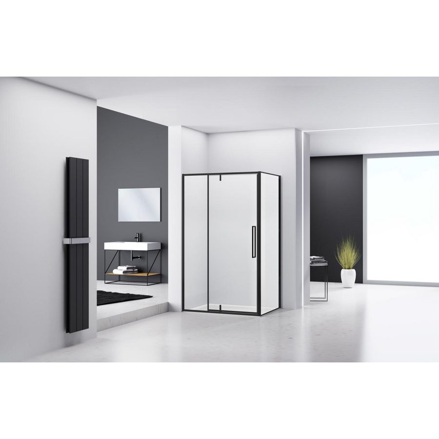 Hoekcabine douchecabine 870-880x2000mm 6mm helder glas zwart muurprofiel omkaderd