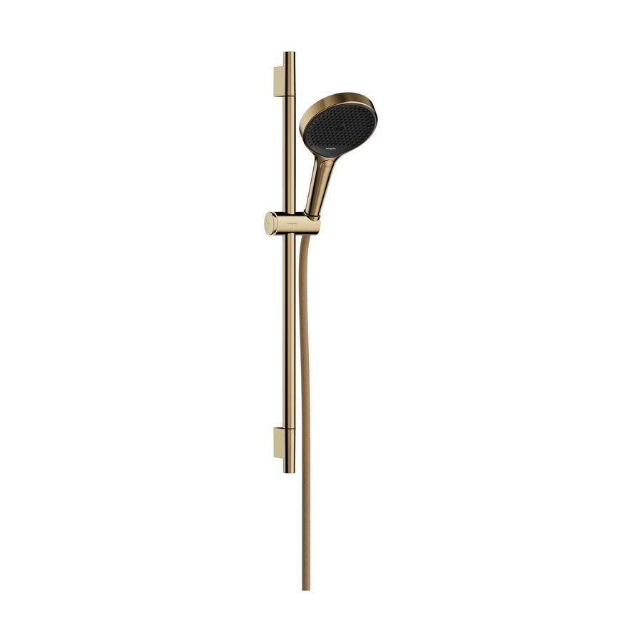 Rainfinity Doucheset 130 3 straalsoorten EcoSmart met glijstang S Puro 65cm push-schuifstuk en Designflex textiel doucheslang Polished Gold Optic
