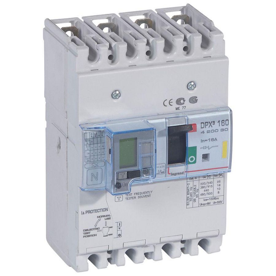 Vermogensschakelaar 160 Thermomagn.+RCD 16A 4P 16kA DPX3