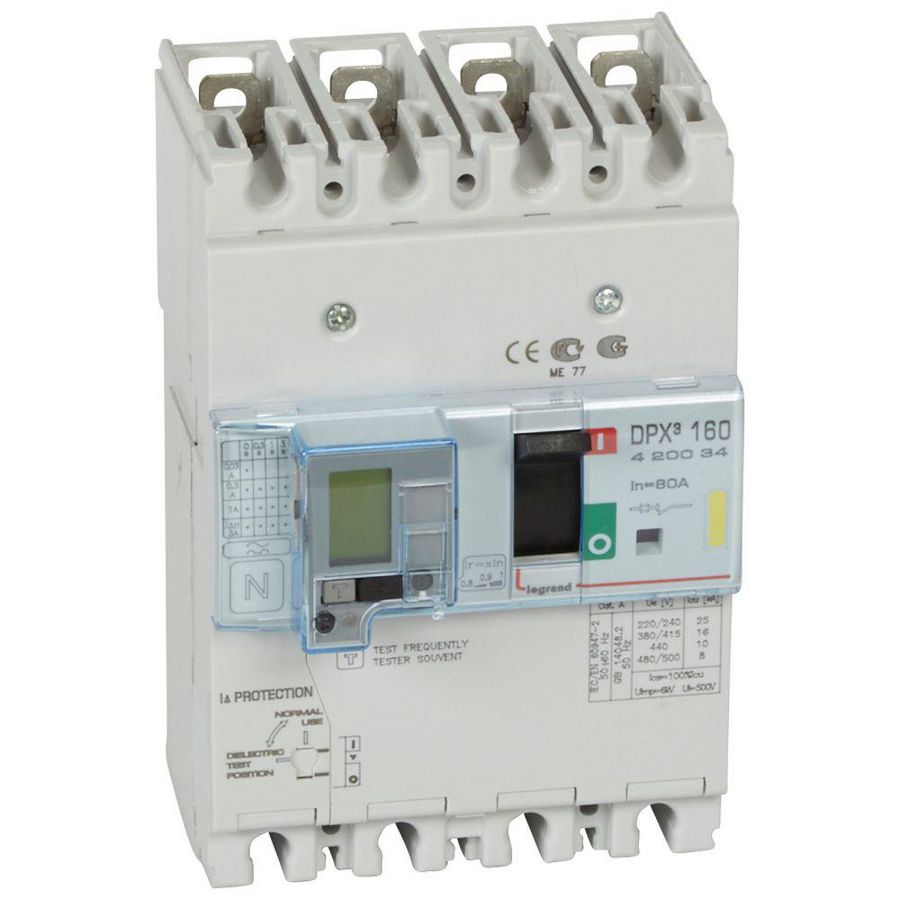 Vermogensschakelaar 160 Thermomagn.+RCD 80A 4P 16kA DPX3