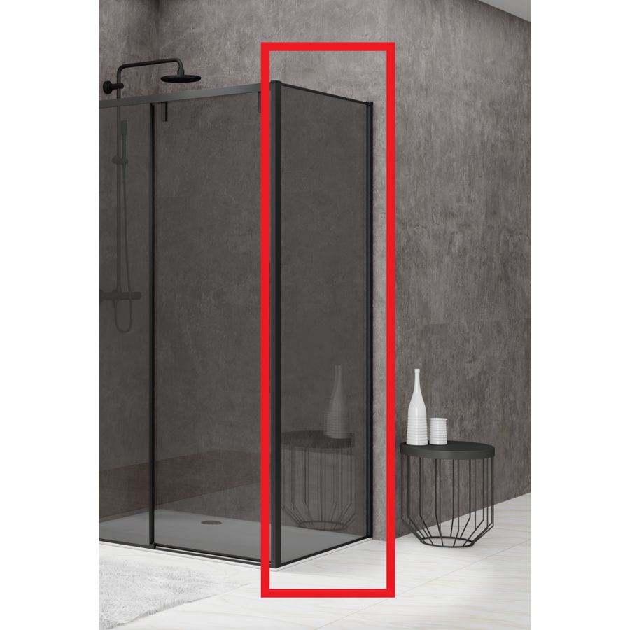 Hoekcabine vaste wand 690-705x2000mm 8mm grijs rookglas zwart muurprofiel soft close