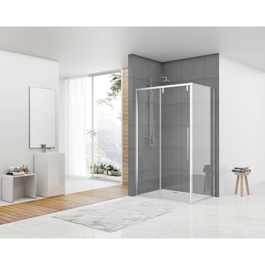 Hoekcabine schuifdeur 1180-1190x2000mm 8mm helder glas chroom muurprofiel soft close