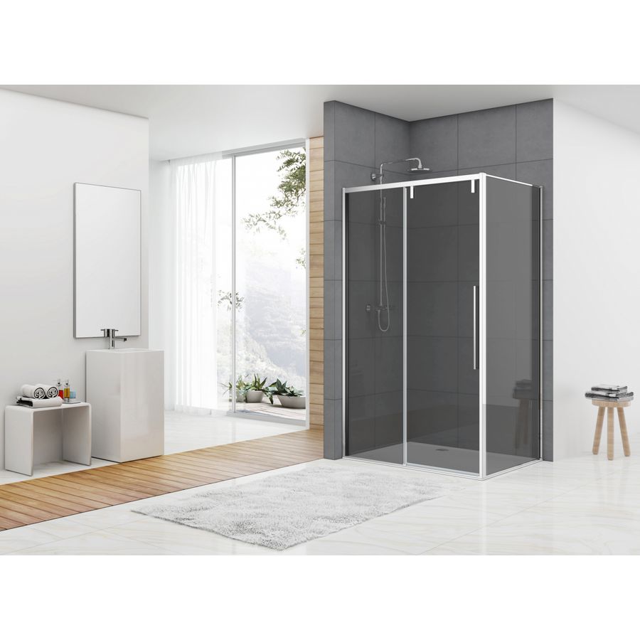 Hoekcabine schuifdeur 1180-1190x2000mm 8mm grijs rookglas chroom muurprofiel soft close