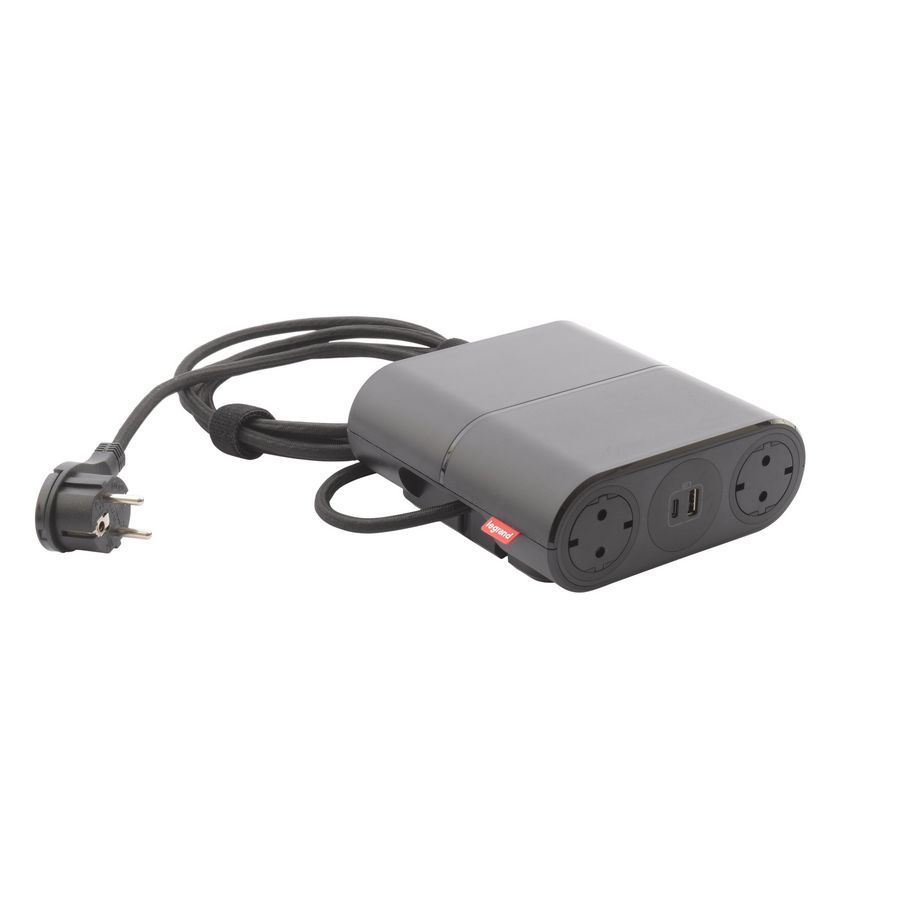 Bureau aansluitunit Link"On zwart 4 contactdoos + 2 USB + Wiel