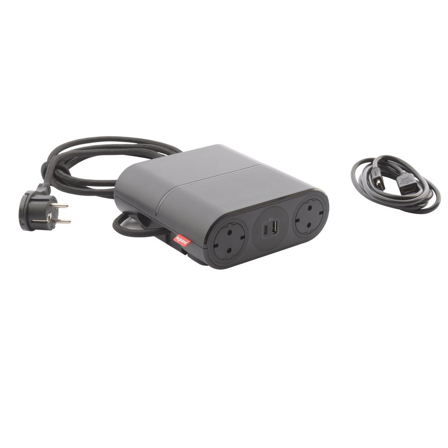 Bureau aansluitunit Link"On zwart 4 contactdoos + 2 USB + HDMI +Wiel
