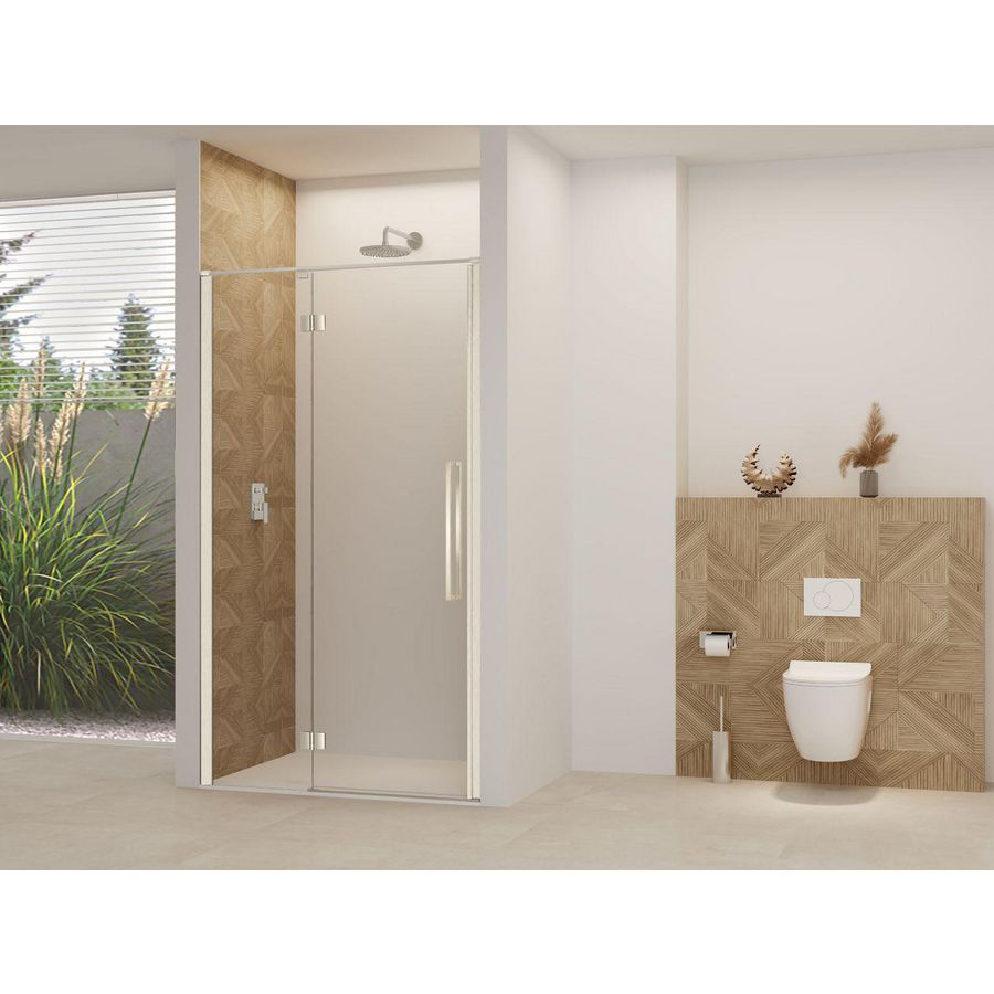 Deur aan vast deel helder glas incl. stang + glasbehandeling 870-890x2000mm geborsteld rvs beslag en greep
