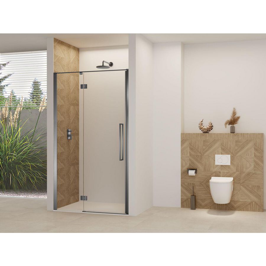 Deur aan vast deel helder glas incl. stang + glasbehandeling 1070-1090x2000mm geborsteld gun metal beslag en greep