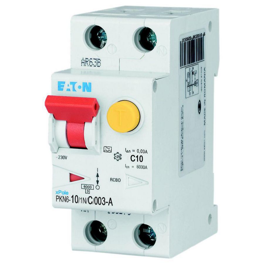 Aardlekautomaat (RCBO) PKN6 C-kar., 10A, 30mA, 2P incl. N, 6 kA, type Eaton