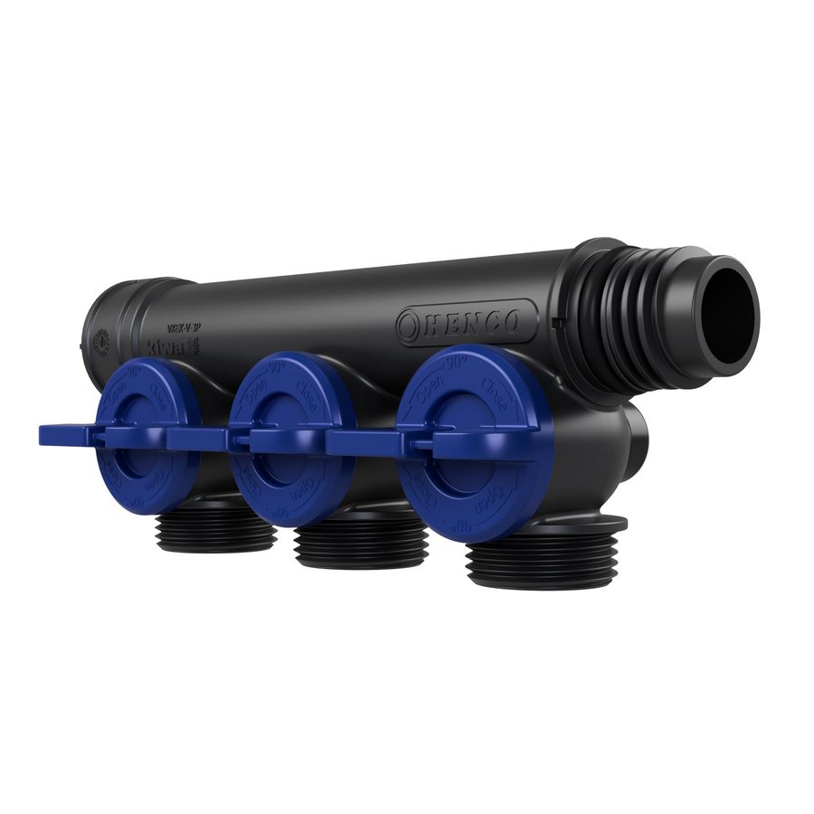 Kunststof leidingverdeler PRO-FLOW koppelbaar 3x P euroconus - draaiknoppen blauw