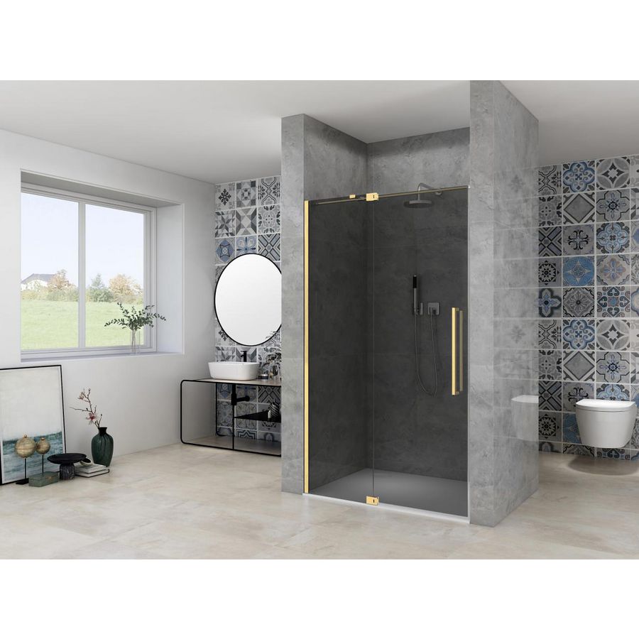 Nis draaideur 2 delig 1050-1150x2000mm 8mm grijs rookglas incl. glasbehandeling mat messing muurprofiel greep en stabilisatiestang