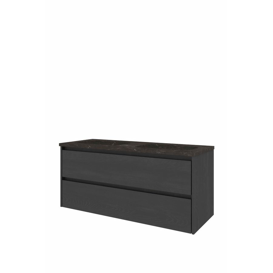 Set Proline hardsteen Elegant dubb. wastafel met 2 kraangaten onderkast symmetrisch black oak 120x46cm