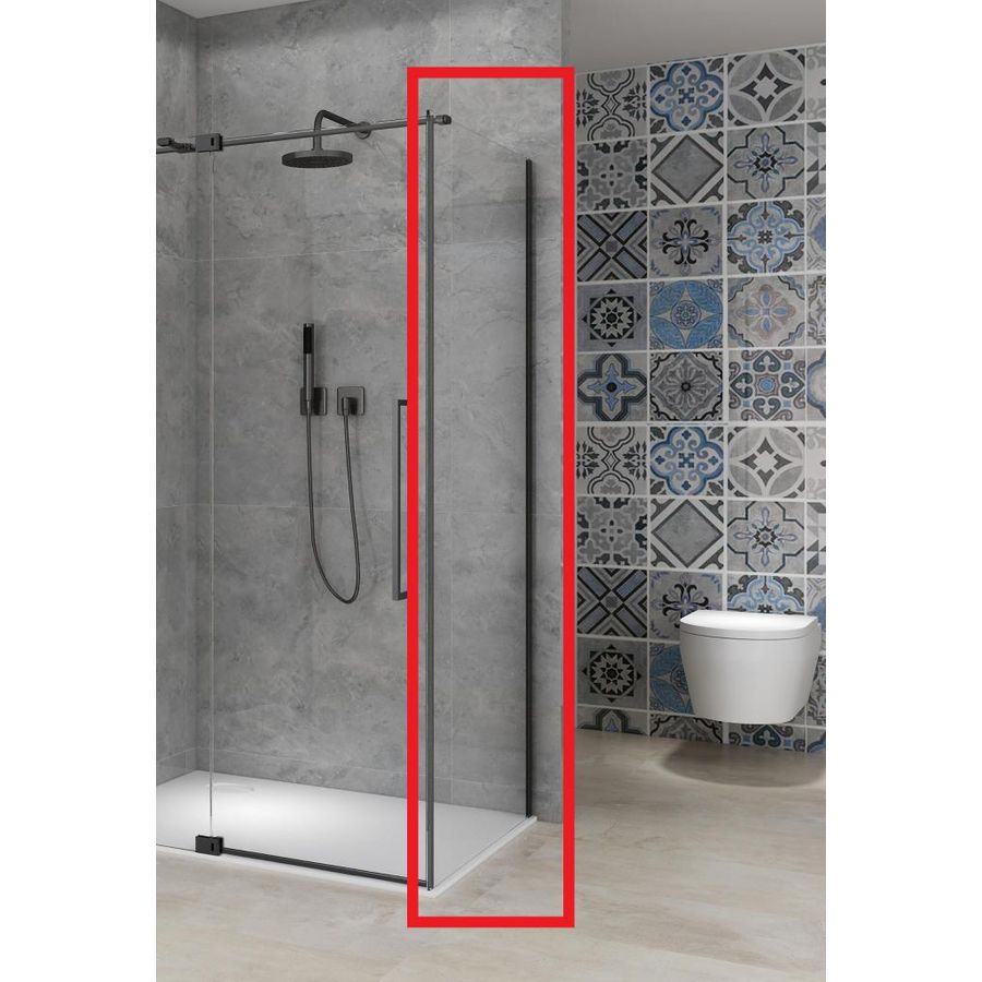 Vaste wand 1085-1105x2000mm 8mm helder glas incl. glasbehandeling zwart muurprofiel t.b.v. hoekcabine st08350