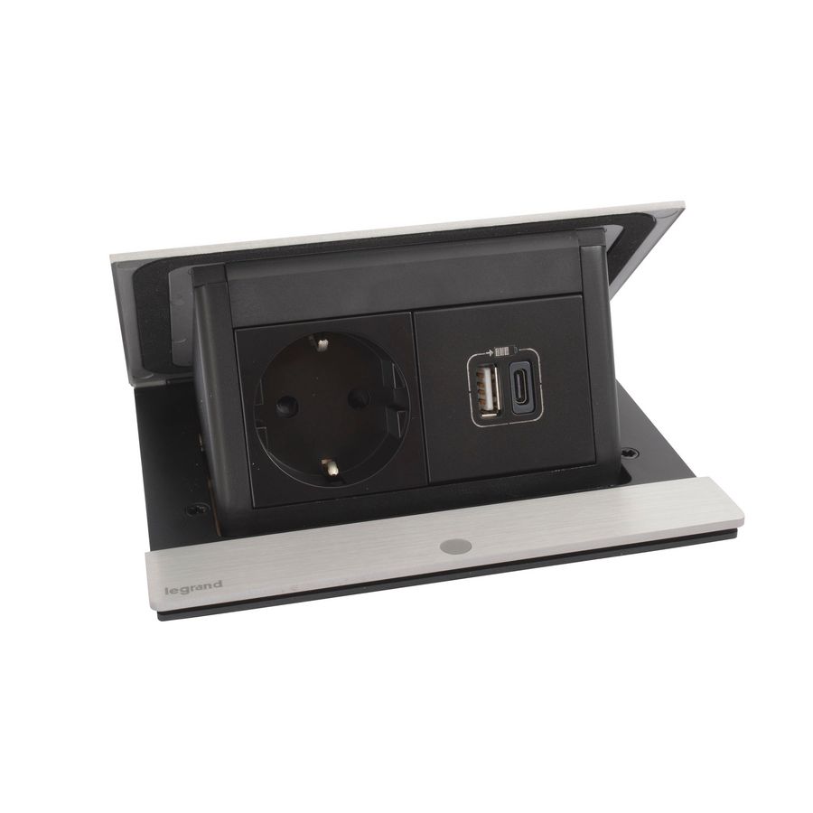 Bureau aansluitunit Pop-up 4 mod. geborsteld ALU 1 contactdoos+USB