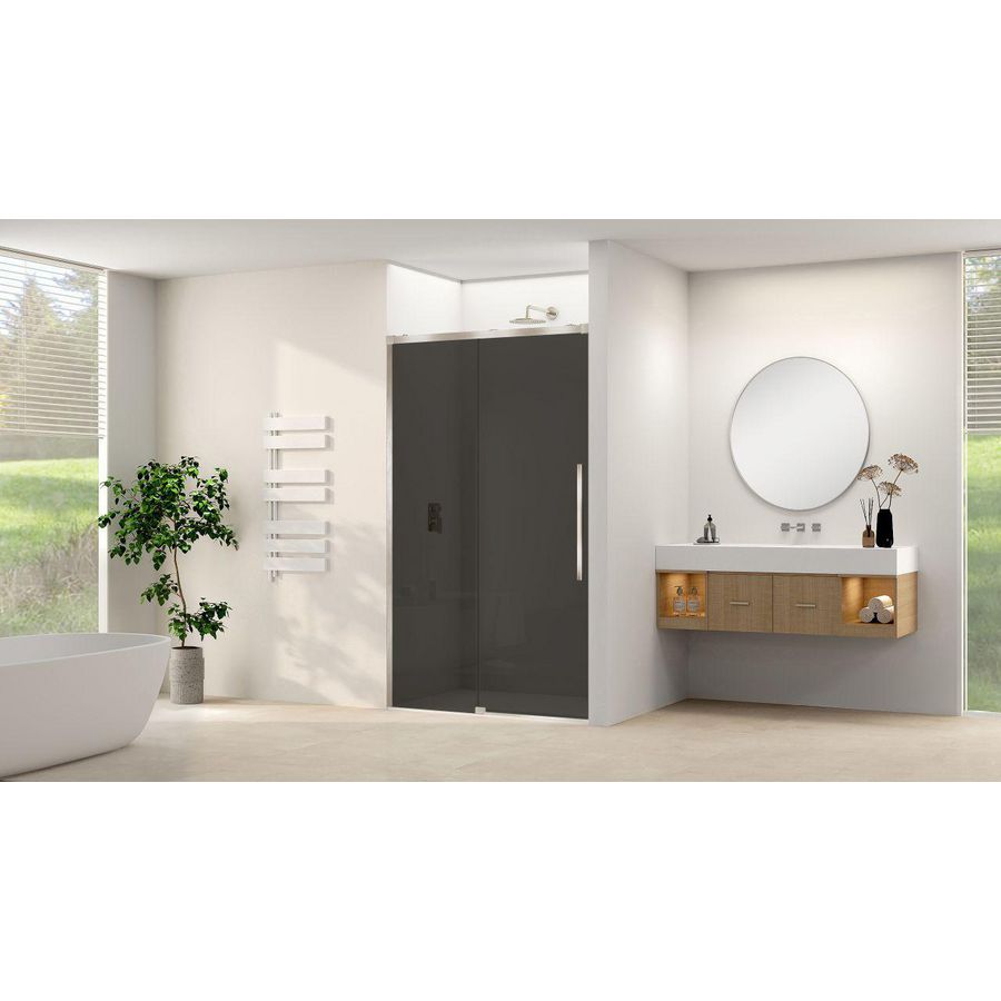 Schuifdeur aan vast deel incl. soft-close grijs rookglas incl. glasbehandeling 1150x1200x2000mm geborsteld rvs beslag