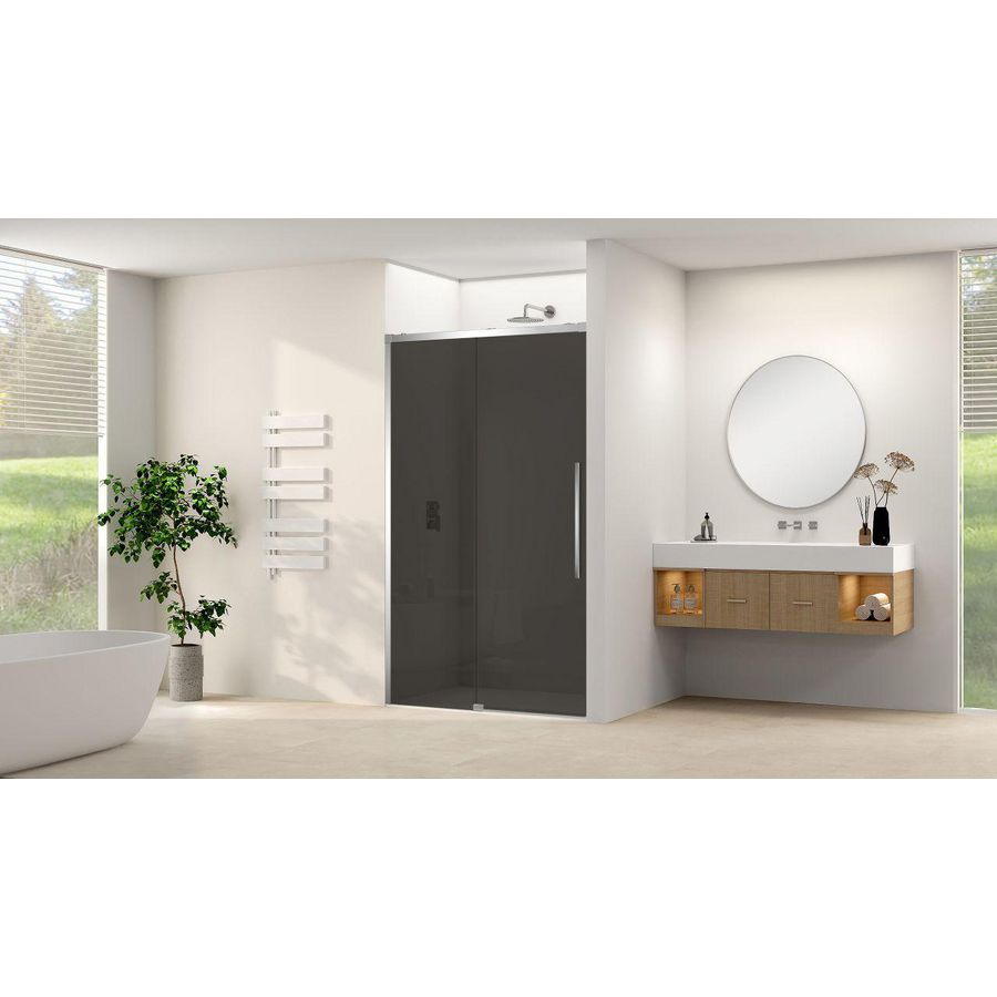 Schuifdeur aan vast deel incl. soft-close grijs rookglas incl. glasbehandeling 1750x1800x2000mm chroom beslag