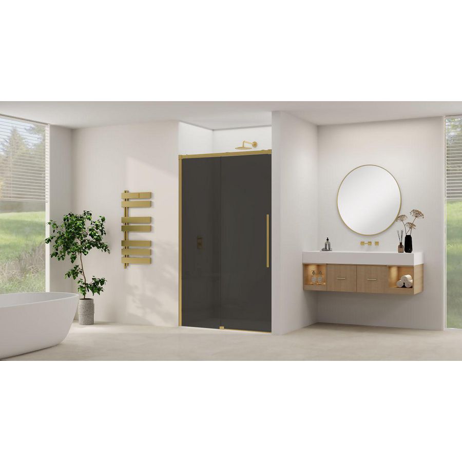 Schuifdeur aan vast deel incl. soft-close grijs rookglas incl. glasbehandeling 1550x1600x2000mm geborsteld messing beslag