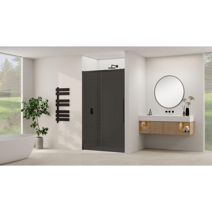 Schuifdeur aan vast deel incl. soft-close grijs rookglas incl. glasbehandeling 1550x1600x2000mm zwart beslag