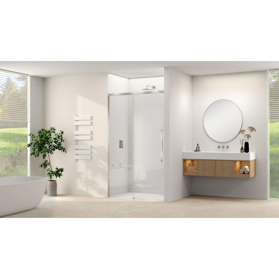 Schuifdeur aan vast deel incl. soft-close helder glas incl. glasbehandeling 1150x1200x2000mm geborsteld rvs beslag en greep