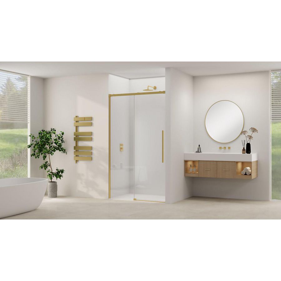 Schuifdeur aan vast deel incl. soft-close helder glas incl. glasbehandeling 1350x1400x2000mm geborsteld messing beslag en greep