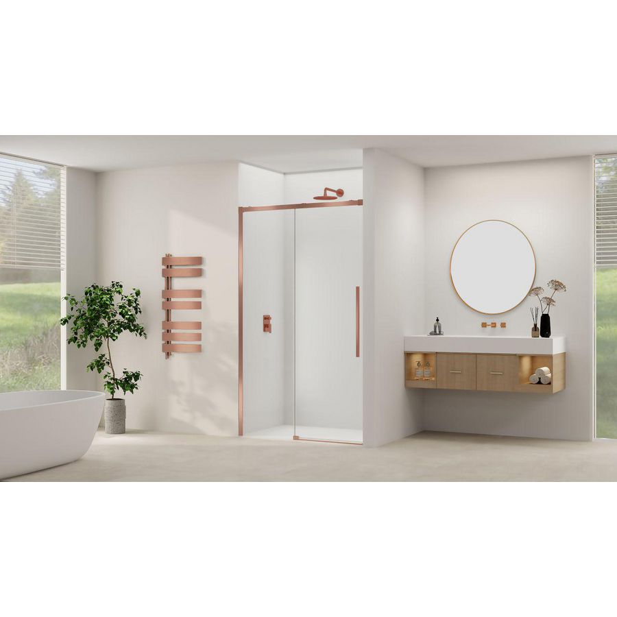 Schuifdeur aan vast deel incl. soft-close helder glas incl. glasbehandeling 1550x1600x2000mm geborsteld koper beslag en greep