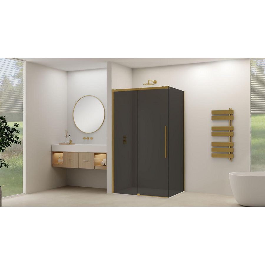 Schuifdeur voor hoekcabine incl. soft-close grijs rookglas incl. glasbehandeling 1165-1215x2000mm geborsteld messing beslag en greep