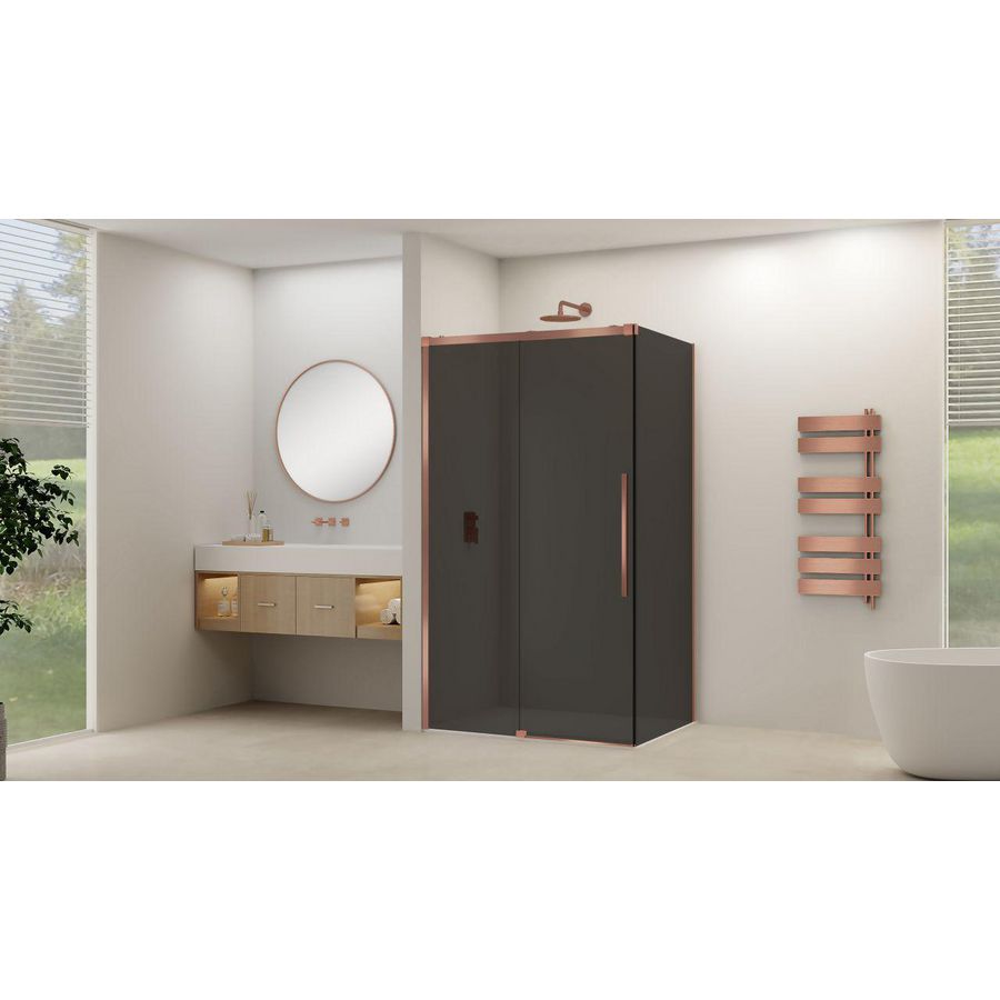 Schuifdeur voor hoekcabine incl. soft-close grijs rookglas incl. glasbehandeling 1165-1215x2000mm geborsteld koper beslag en greep