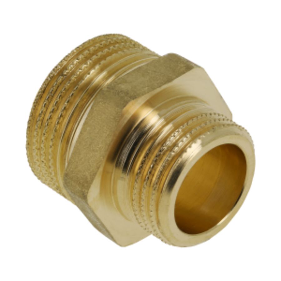 Dubbele verloopnippel messing 3/4"x1/2" bt.