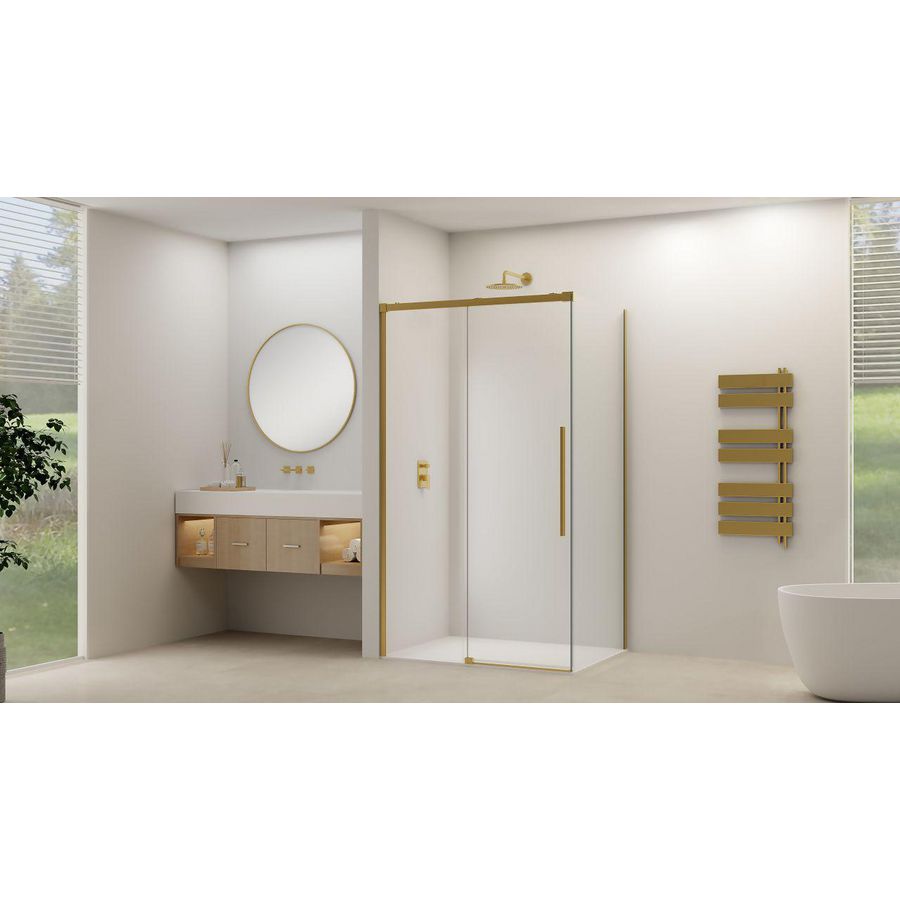 Schuifdeur voor hoekcabine incl. soft-close helder glas incl. glasbehandeling 1165-1215x2000mm geborsteld messing beslag