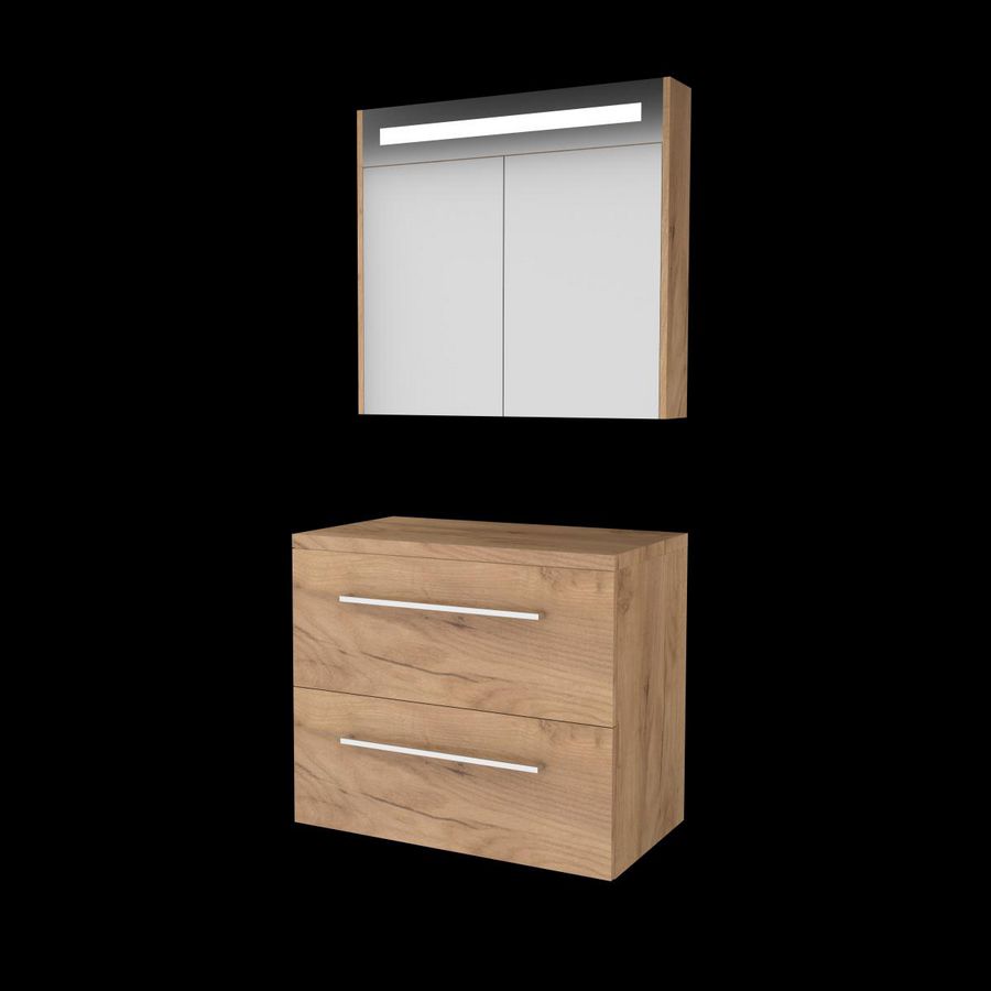 Set PREMIUM-46 onderkast whisky oak 80cm grepen chroom 2x la tbv opbouwkom spiegelkast geïn. LED-verl. excl. afdekplaat (P46GR80TWO)