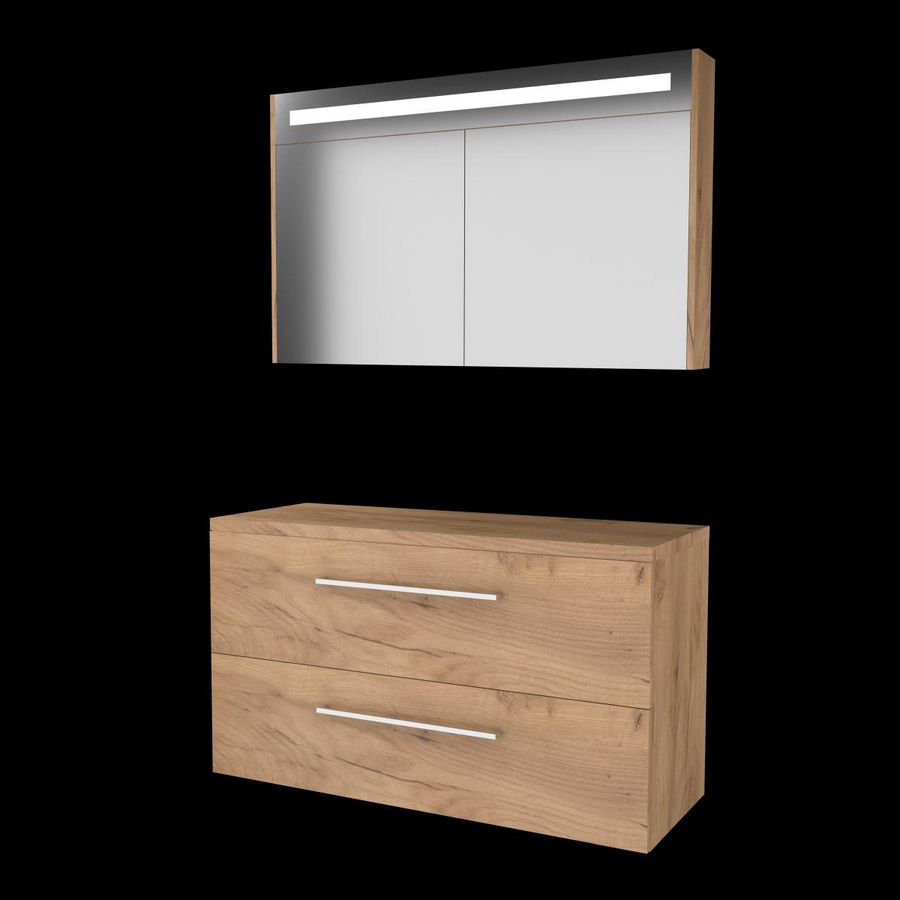 Set PREMIUM-46 onderkast whisky oak 120cm grepen chroom 2x la tbv opbouwkom spiegelkast geïn. LED-verl. excl. afdekplaat (P46GR1202TWO)