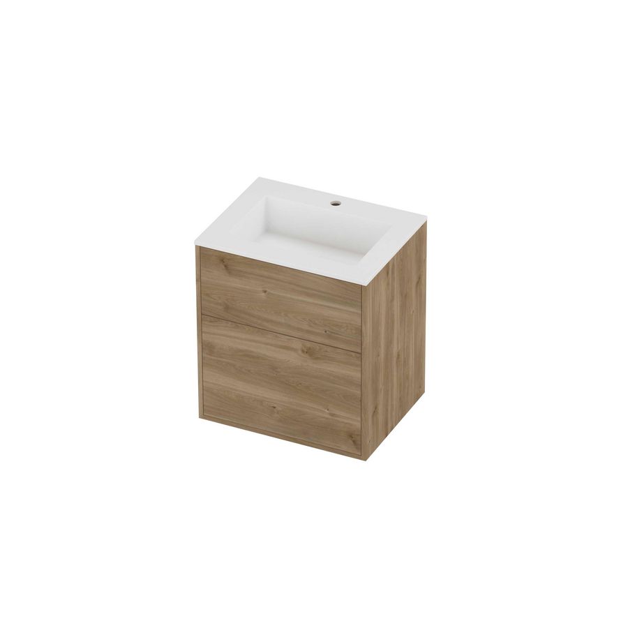 Aristo Set polystone Elegant wastafel met 1 kraangat en onderkast tbv grepen 2 laden a-symmetrisch in kader 600x460x670mm matt White/Cider oak