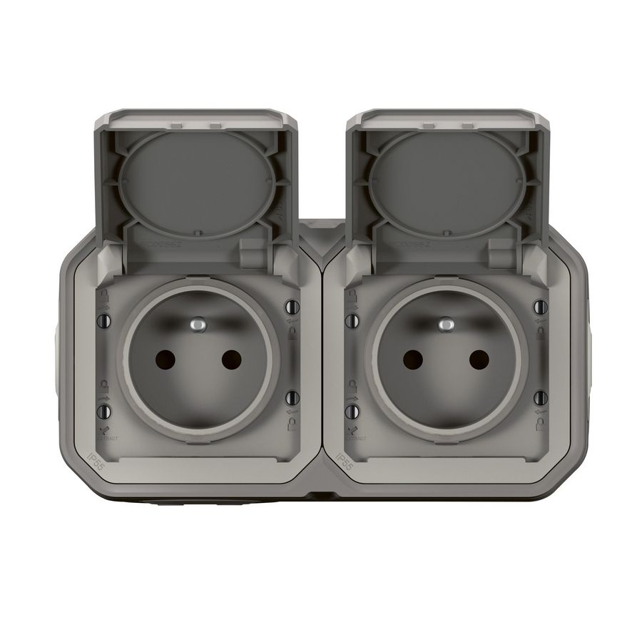 Wandcontactdoos 2V PA horizontaal compleet grijs Plexo