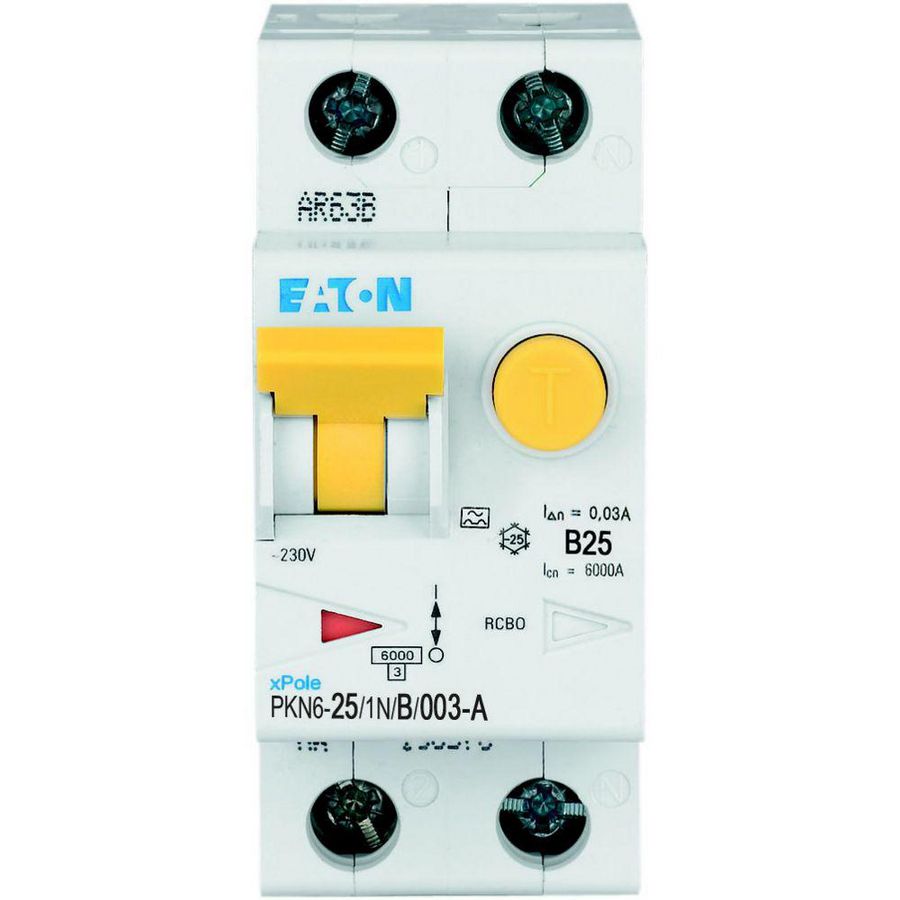 Aardlekautomaat (RCBO) PKN6 B-kar., 25A, 30mA, 2P incl. N, 6 kA, type Eaton