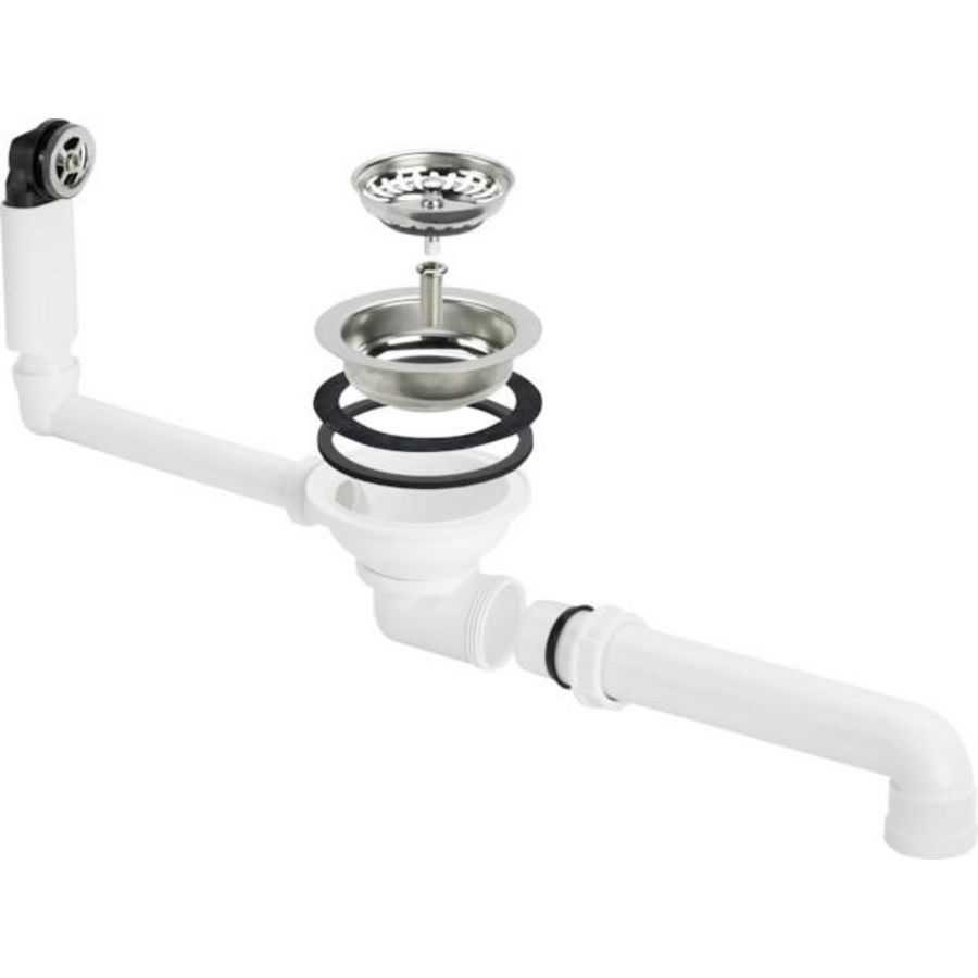 Spoelbakafvoerplug 1.1/2" met overloop (rond) tbv Ø90mm afvoeropening incl. zeefkorf+afvoerbocht