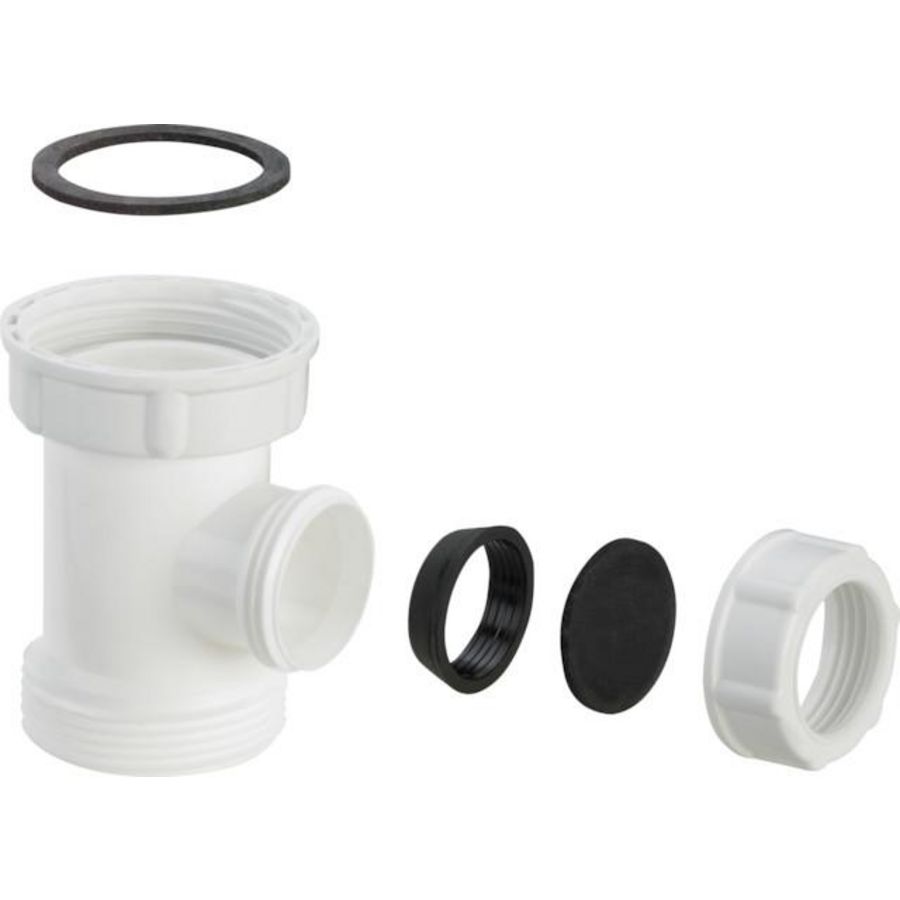 T-stuk 1.1/2"x1.1/2"x25x65mm wit m.overloop-/vaatwasmachine