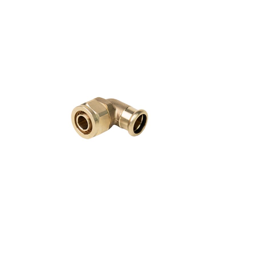 Verloopkoppeling haaks 90° 32mm knel x 28mm pers  koper/staal (V,M &SA-profiel)