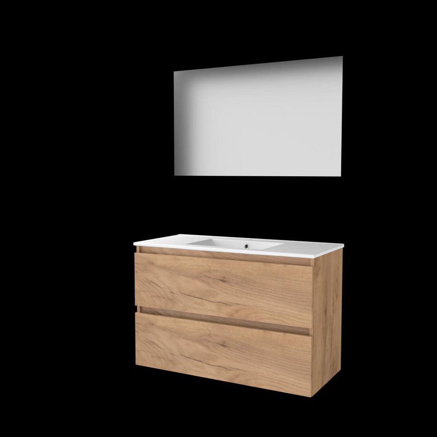 Set ULTIMATE-46 onderkast whisky oak 100cm greeploos 2x la porselein wastafel 1x kraangat spiegel ind. LED-verl. ↑+↓ (U46GL100PWO)