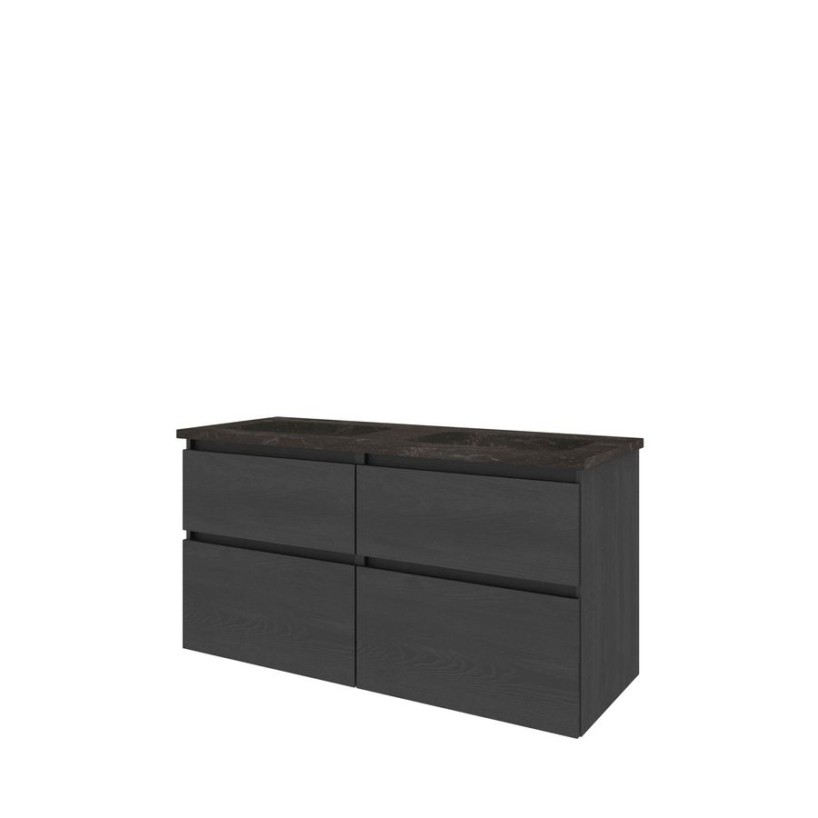 Set Proline hardsteen Elegant dubb. wastafel zonder kraangat onderkast 4x la asymmetrisch black oak 120x46cm