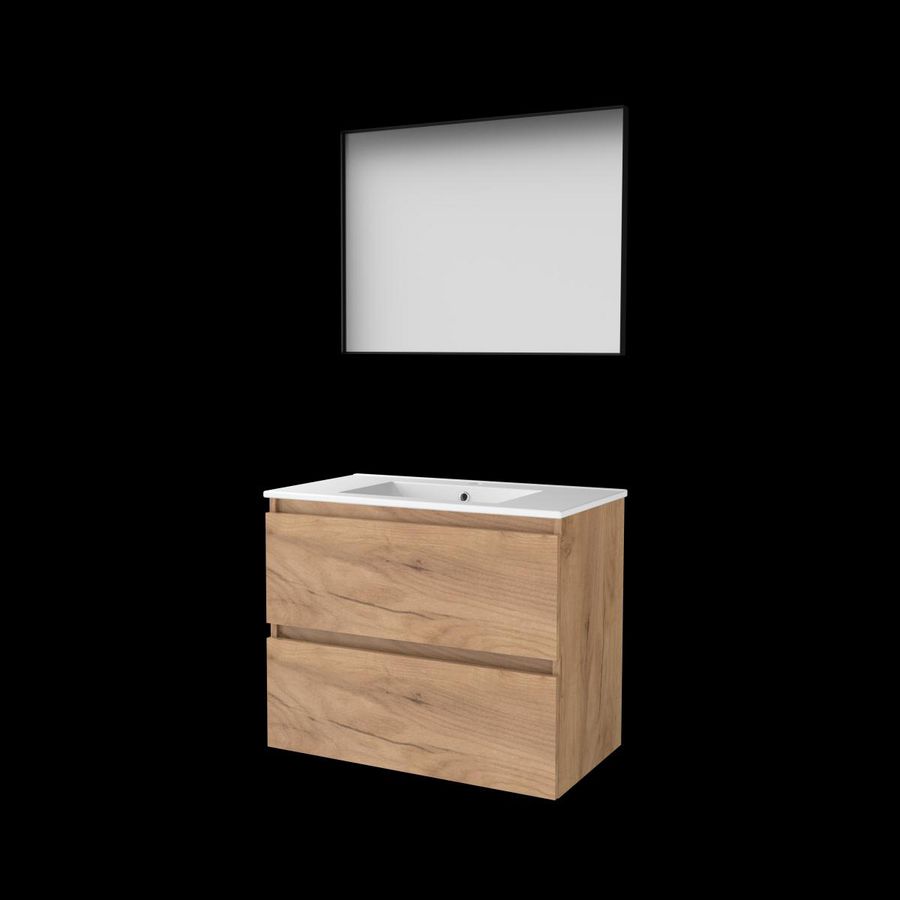 Set FRAMED-46 onderkast whisky oak 80cm greeploos 2x la porselein wastafel 1x kraangat spiegel frame mat zwart (F46GL80PWO)