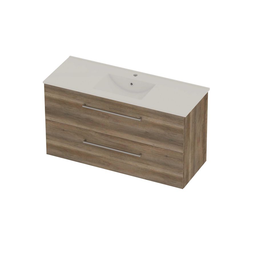Coach 46 Set porselein wastafel midden met kraangat en onderkast 2 laden met greep 1200x460x620mm Scotch oak/glans wit