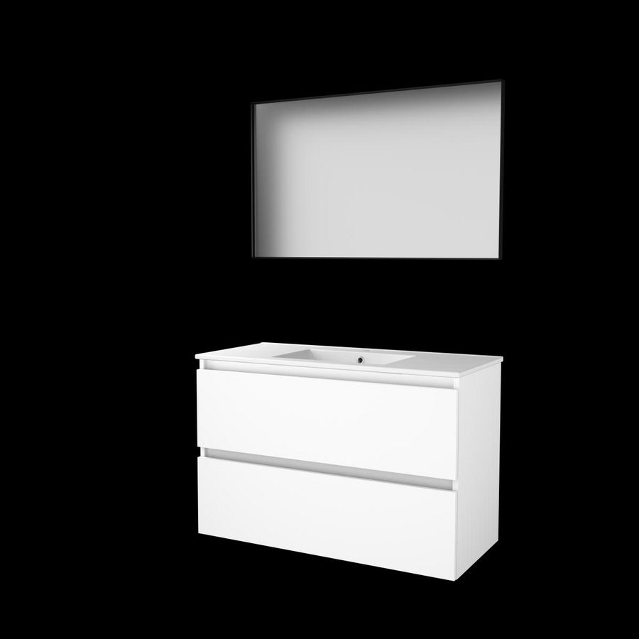 Set FRAMED-46 onderkast ice white 100cm greeploos 2x la porselein wastafel 1x kraangat spiegel frame mat zwart (F46GL100PIW)