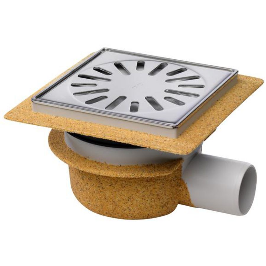 Vloerput ABS bezand 146x146mm zijuitl. Ø50mm waterslot 50mm RVS304 rand/rooster verstelbaar