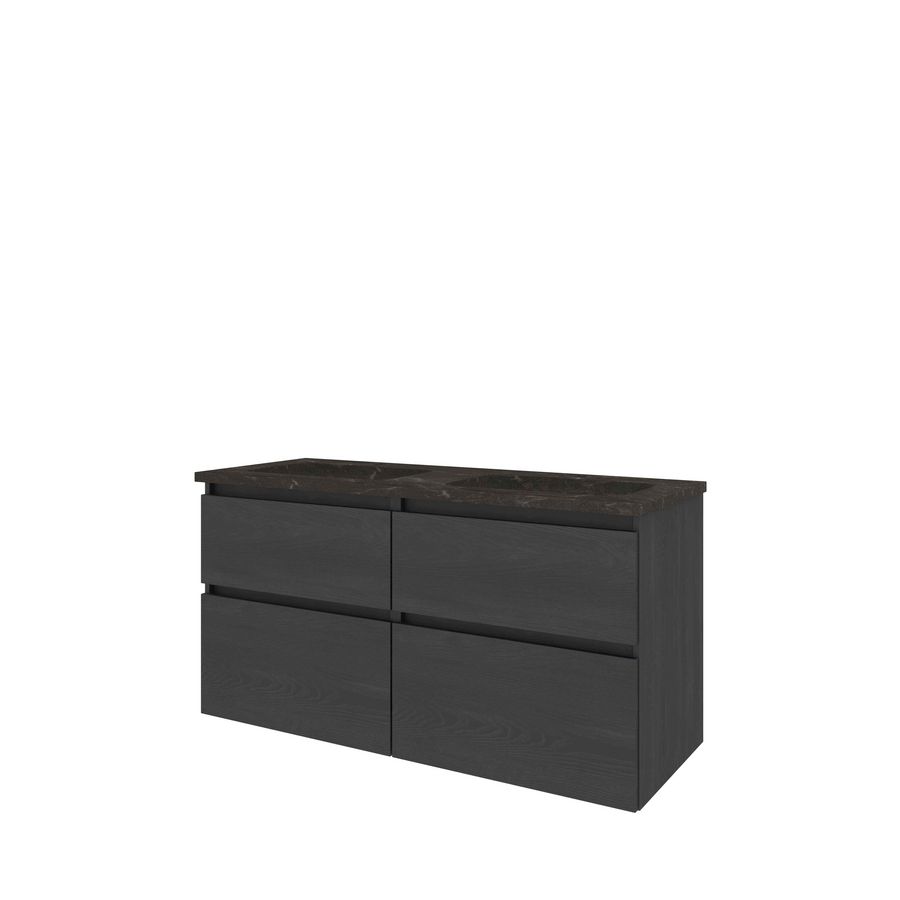 Set Proline hardsteen Elegant dubb. wastafel met 2 kraangaten onderkast 4x la asymmetrisch black oak 120x46cm