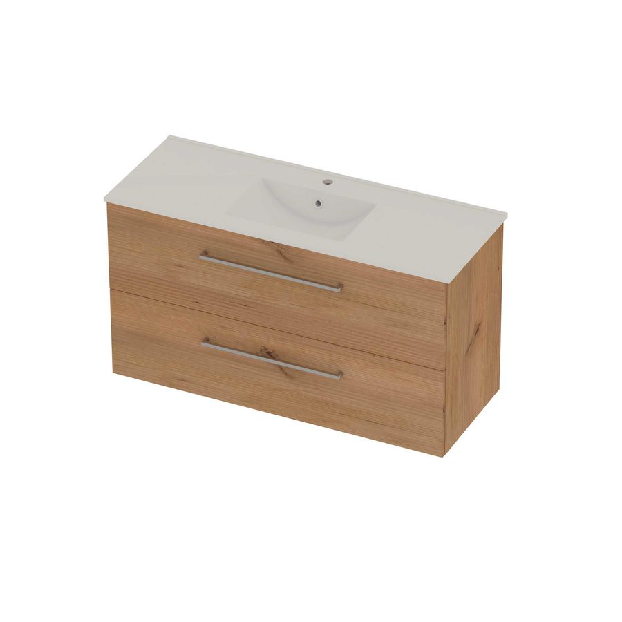 Coach 46 Set porselein wastafel midden met kraangat en onderkast 2 laden met greep 1200x460x620mm Whisky oak/glans wit