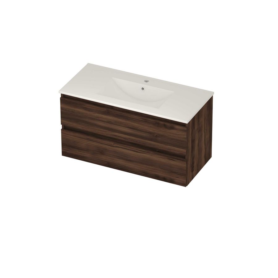 Coach 46 Set porselein wastafel midden met kraangat en onderkast 2 laden greeploos 1000x460x540mm Barista oak/glans wit