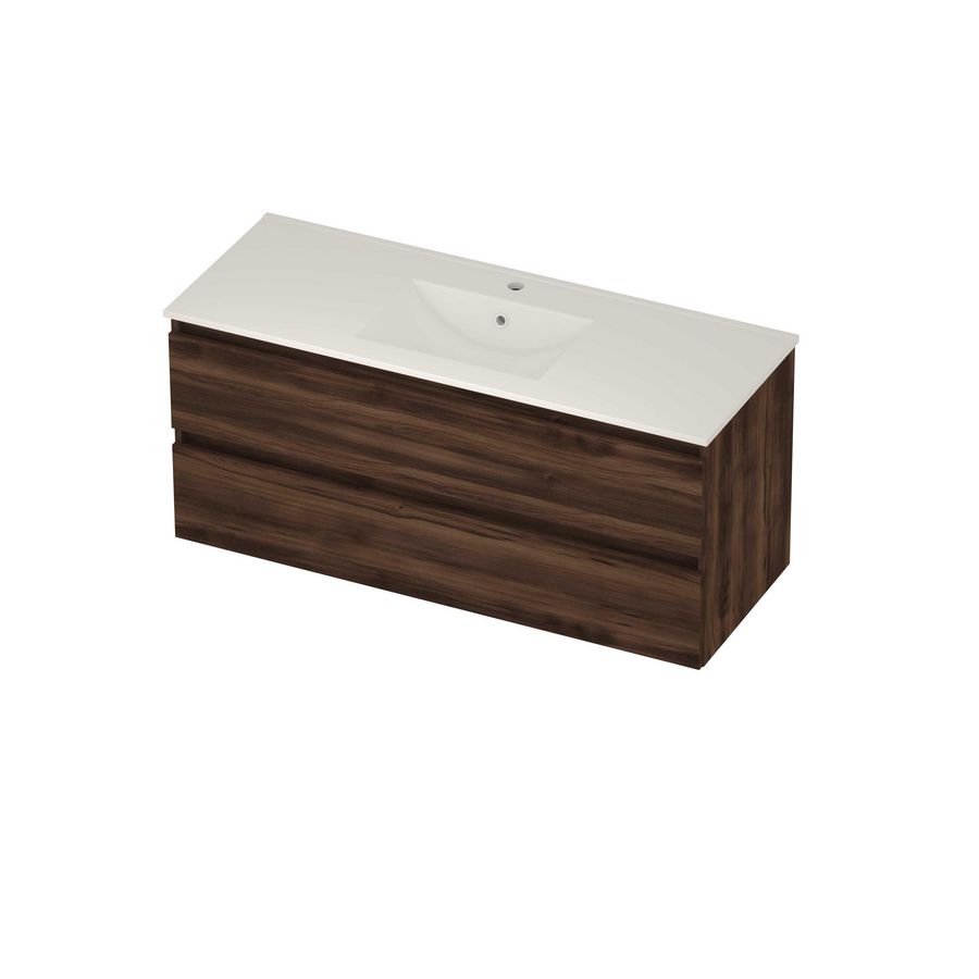 Coach 46 Set porselein wastafel midden met kraangat en onderkast 2 laden greeploos 1200x460x540mm Barista oak/glans wit