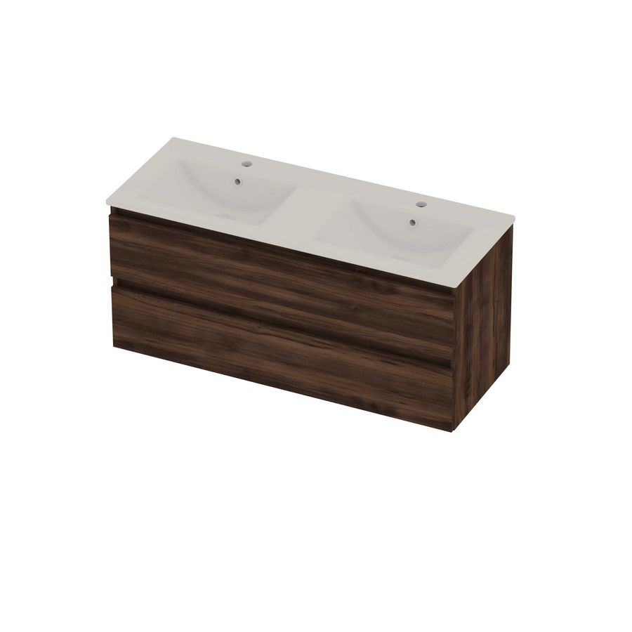 Coach 46 Set porselein wastafel dubbel met 2 kraangaten en onderkast 2 laden greeploos 1200x460x540mm Barista oak/glans wit